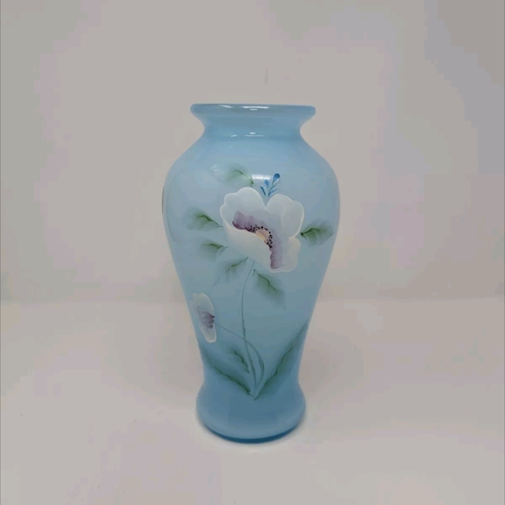 Fenton Blue Topaz Overlay Hand Painted Vase